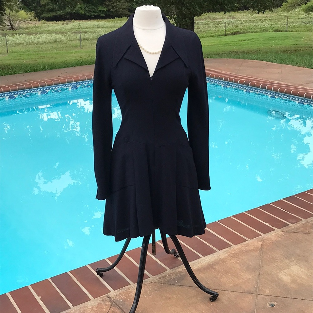 Vintage designer dress, Karl Lagerfeld, France, Linen, lined, black midi